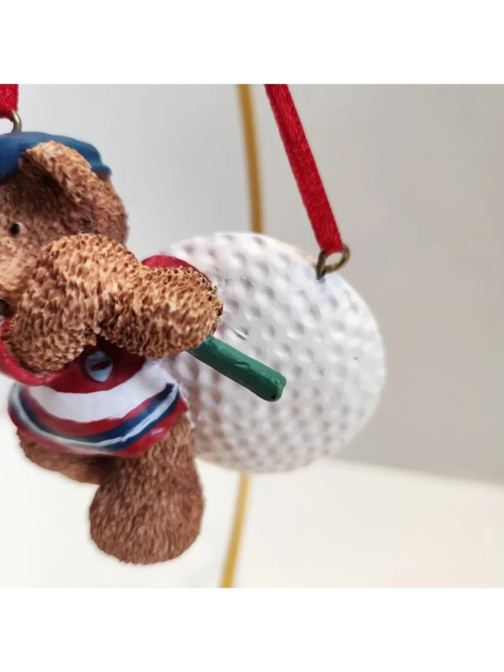 Kurt S. Adler Golf-Themed Teddy Bear Christmas Ornament Red Ribbon Hand-Painted